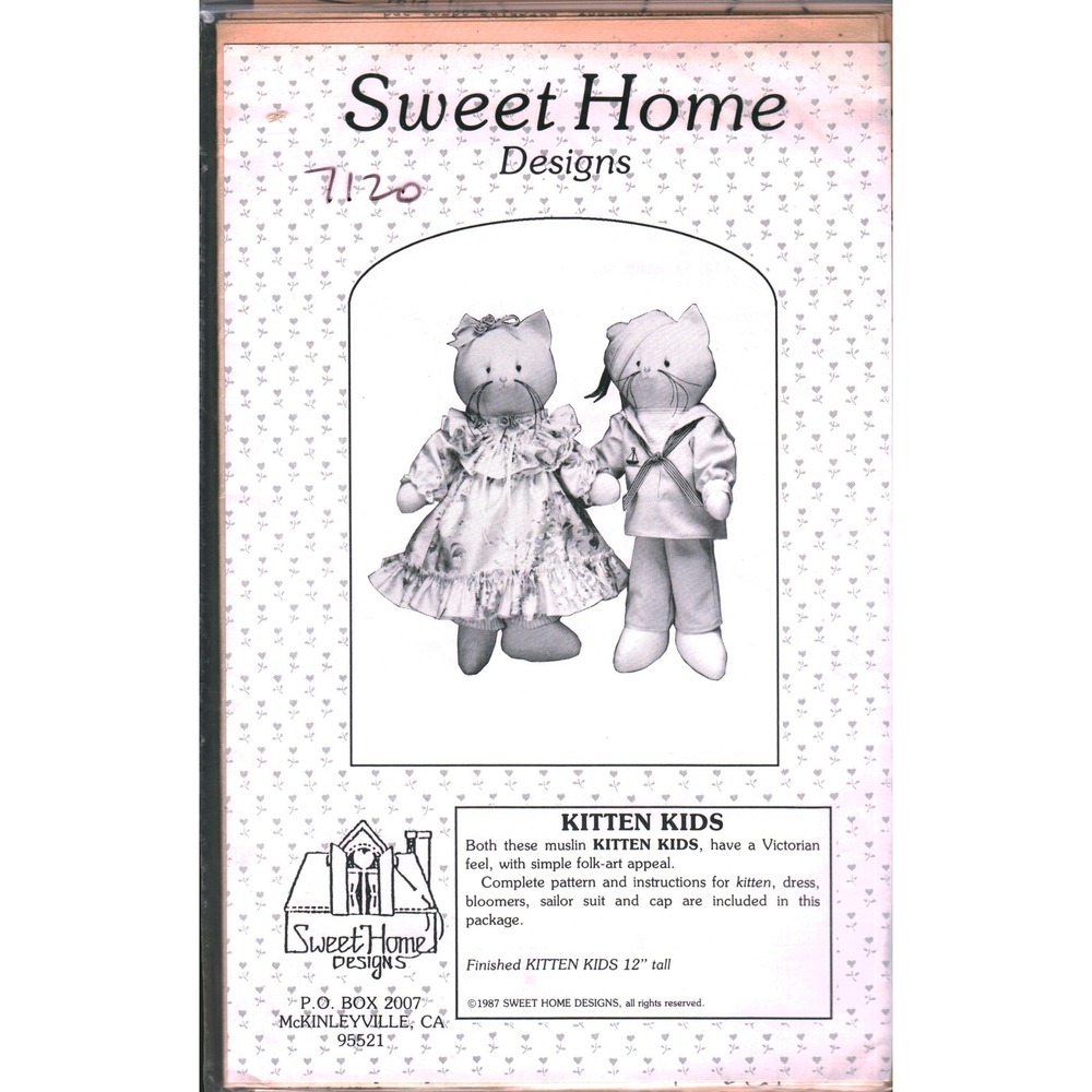 Sweet Home Designs 7120 Kitten Kids Sewing Pattern Victorian Folk Art Dolls 1987
